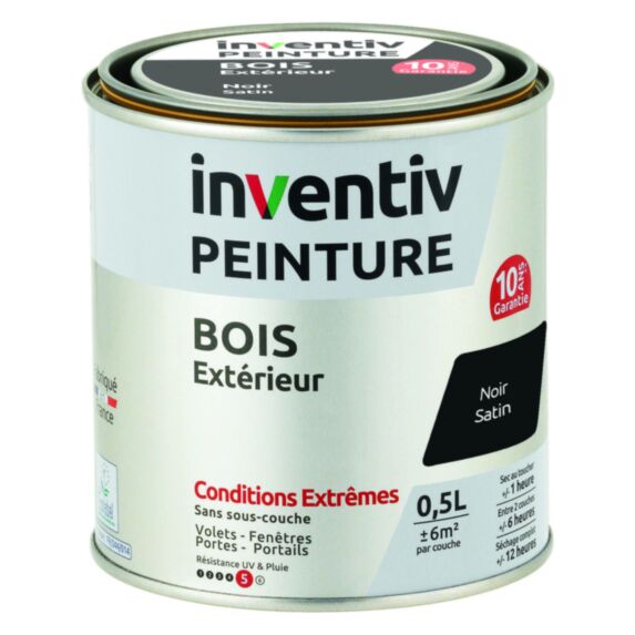 Peinture Extérieure Bois 10 ans Noir Satin 0,5L - INVENTIV