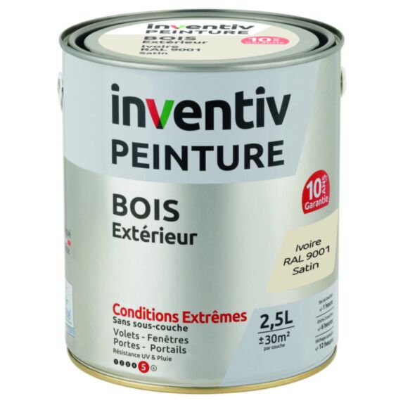 Peinture Extérieure Bois 10 ans Ivoire Satin 2,5L - INVENTIV