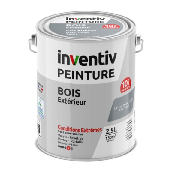 Peinture Extérieure Bois 10 ans Gris Ardoise Satin 2,5L - INVENTIV