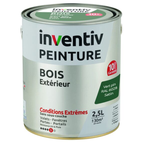 Peinture Extérieure Bois 10 ans Vert Pin Satin 2,5L - INVENTIV