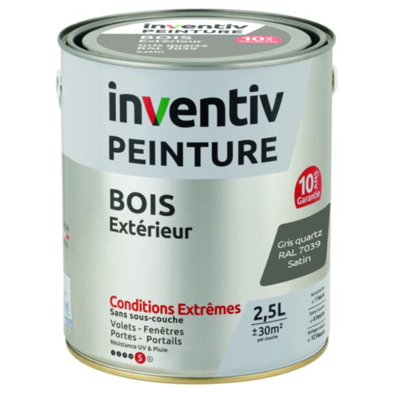 Peinture Extérieure Bois 10 ans Gris Quartz Satin 2,5L - INVENTIV