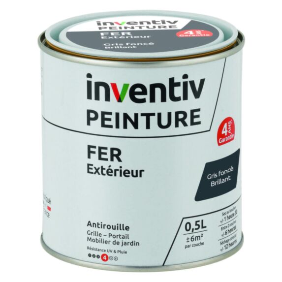 Peinture extérieure fer Garantie 4 ans gris foncé brillant 0,5 L - INVENTIV
