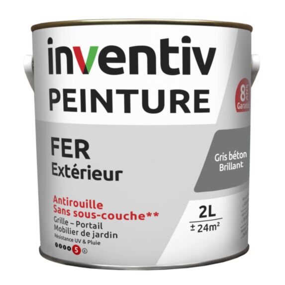 Peinture extérieure fer Garantie 8 ans gris béton brillant 2 L - INVENTIV