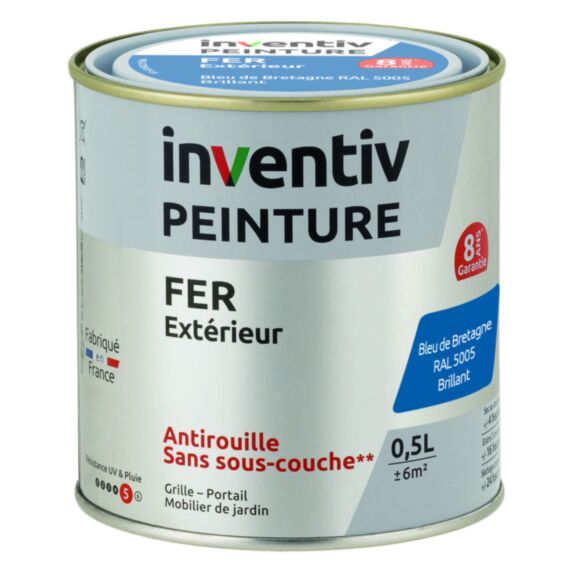 Peinture extérieure fer Garantie 8 ans bleu breton brillant 0,5 L - INVENTIV