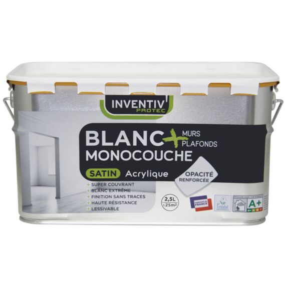 Peinture Murs & Plafonds Acrylique Satin Monocouche Blanc  2,5L  - INVENTIV