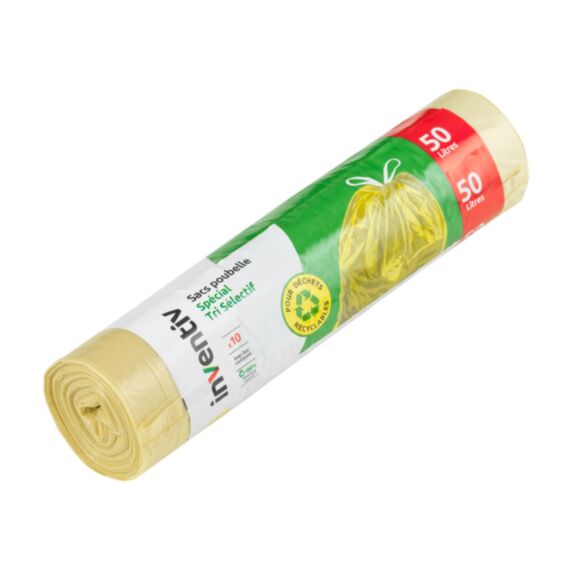 10 Sacs poubelle jaune translucide à lien coulissant 50L - INVENTIV