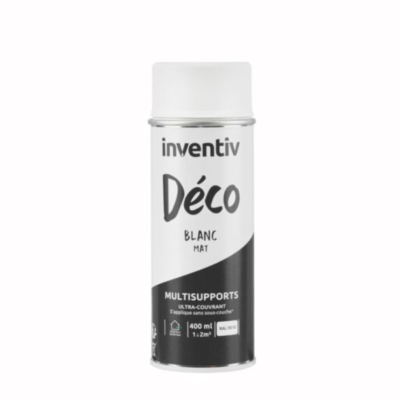 Peinture aérosol Multisupports ultra-couvrant blanc mat 400ml - INVENTIV