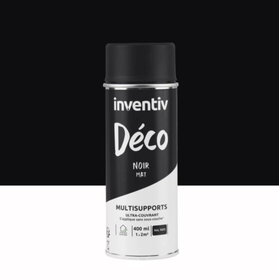 Peinture aérosol Multisupports ultra-couvrant noir mat 400ml - INVENTIV
