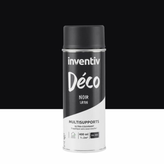 Peinture aérosol Multisupports ultra-couvrant noir satin 400ml - INVENTIV