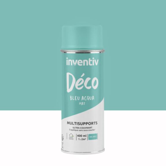 Peinture aérosol Multisupports ultra-couvrant bleu acqua mat 400ml - INVENTIV