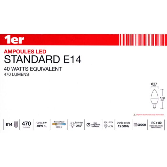 5 ampoules led flamme SMD E14 470lm 5W blanc chaud - 1ER