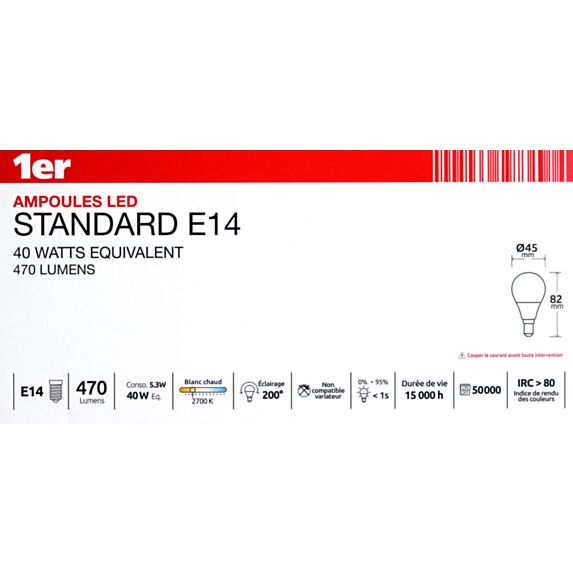 5 ampoules led sphérique SMD E14 470lm 5W blanc chaud - 1ER