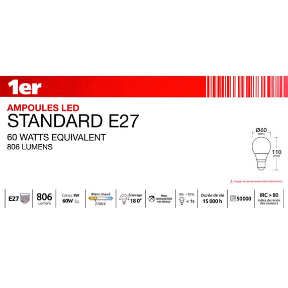 5 ampoules led standard E27 806lm 8,8W Ton chaud - 1ER