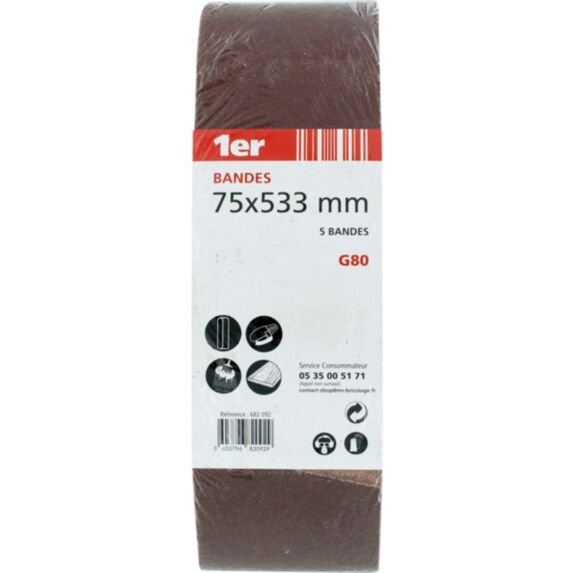 5 bandes sans fin abrasif 75x533mm grain 80 - 1ER