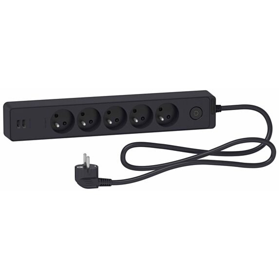 Multiprise 5 prises 2P+T avec 2 USB Odace anthracite 1,5m - SCHNEIDER ELECTRIC