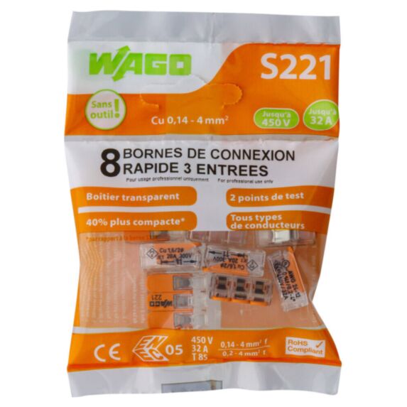 8 bornes de connexion rapide 3 entrées S221 - WAGO