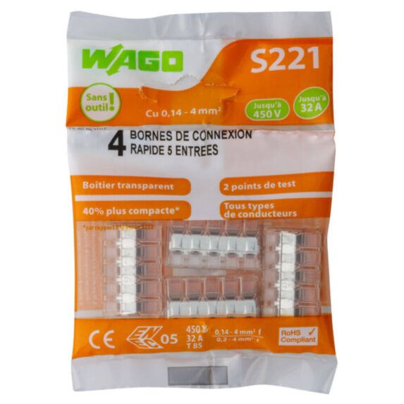 4 bornes de connexion rapide 5 entrées S221 - WAGO