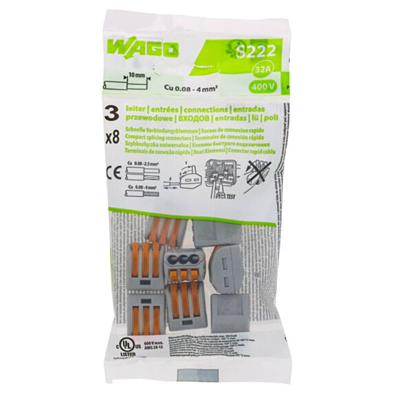8 bornes de connexion rapide 3 entrées S222 - WAGO