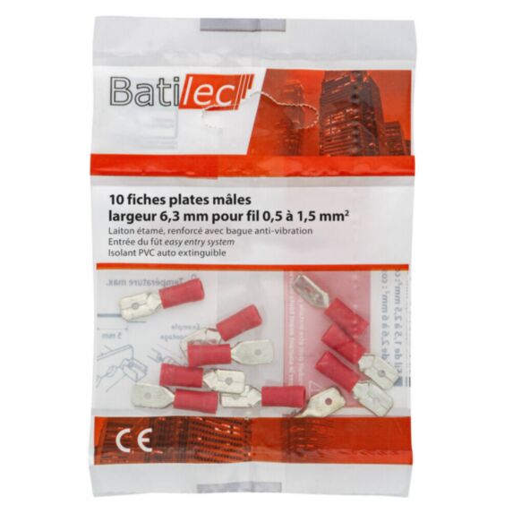10 fiches plates mâles rouge Section 0,5-1,5 mm²