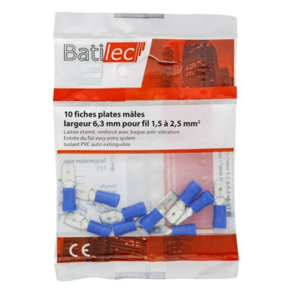 10 fiches plates mâles bleu Section 1,5-2,5 mm²