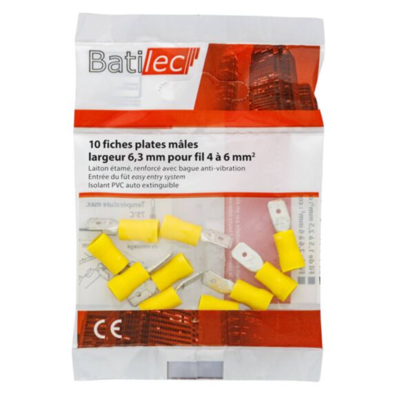 10 fiches plates mâles jaune Section 4-6 mm²