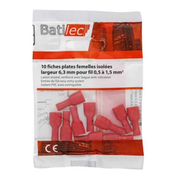10 fiches plates femelles isolées rouge Section 0,5-1,5 mm²