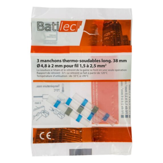 3 manchons thermo-soudables pré-isolés bleu Section 1,5-2,5 mm²