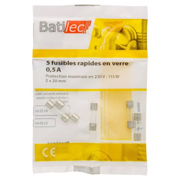 5 fusibles rapides en verre 0,5A 5x20mm BAT030861 - BATILEC