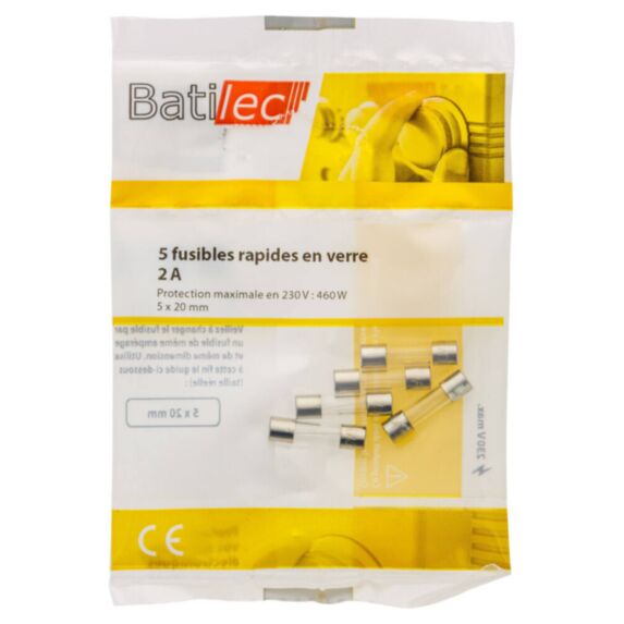5 fusibles rapides en verre 2A 5x20mm BAT030892 - BATILEC