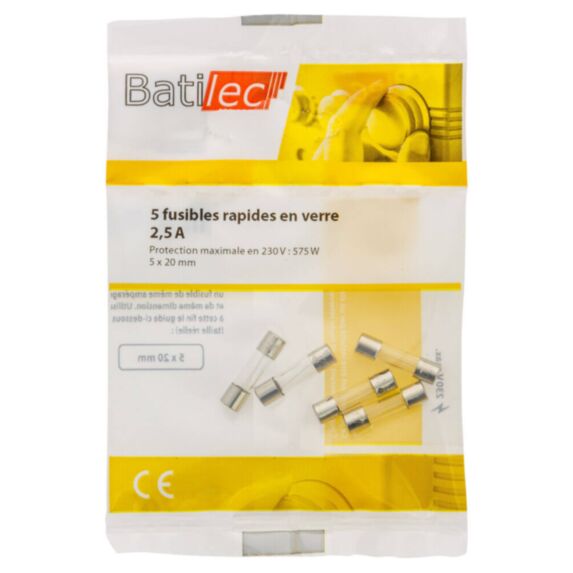5 fusibles rapides en verre 2,5A 5x20mm BAT030908 - BATILEC