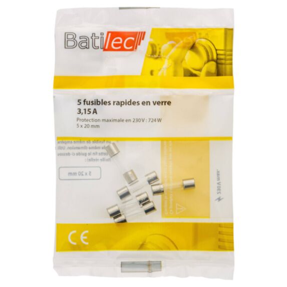 5 fusibles rapides en verre 3,15A 5x20mm BAT030915 - BATILEC