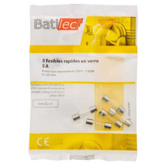 5 fusibles rapides en verre 5A 5x20mm BAT030939 - BATILEC