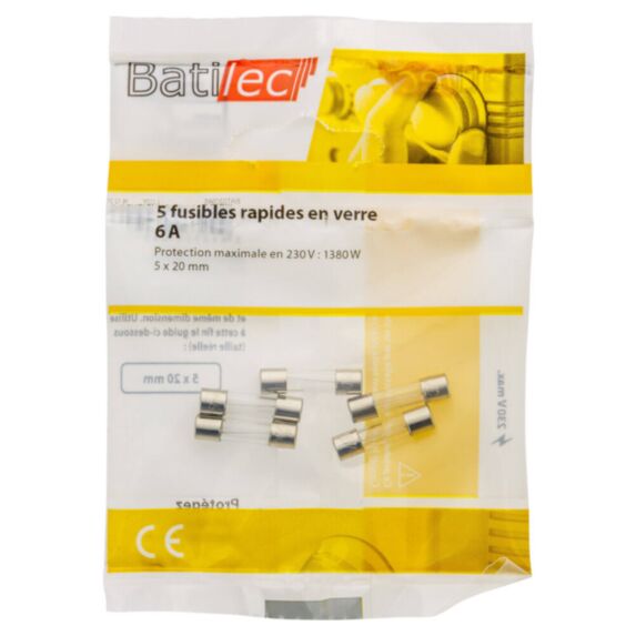 5 fusibles rapides en verre 6A 5x20mm BAT030946 - BATILEC
