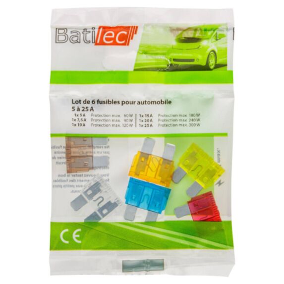 6 fusibles pour automobile (1x5A + 1x7,5A + 1x10A + 1x15A + 1x20A + 1x25A) BAT031028 - BATILEC