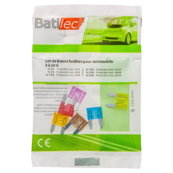 6 mini fusibles pour automobile (1x3A + 1x5A + 1x7,5A + 1x10A + 1x15A + 1x20A) BAT031035 - BATILEC