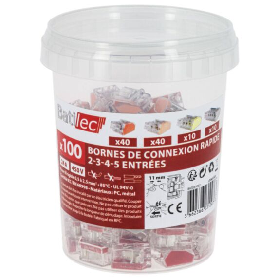 100 bornes de connexion automatique 2,3,4 ou 5 entrées pour fil rigide - BATILEC