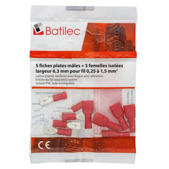 Lot de 10 fiches plates 0,25-1,5mm² rouge - BATILEC
