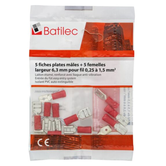 Lot de 10 fiches plates 0,25-1,5mm² rouge - BATILEC