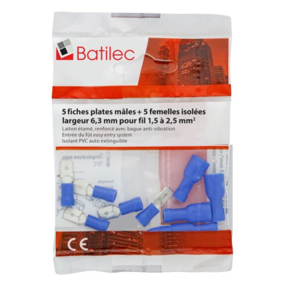 Lot de 10 fiches plates 5 femelles isolées + 5 mâles bleu - BATILEC