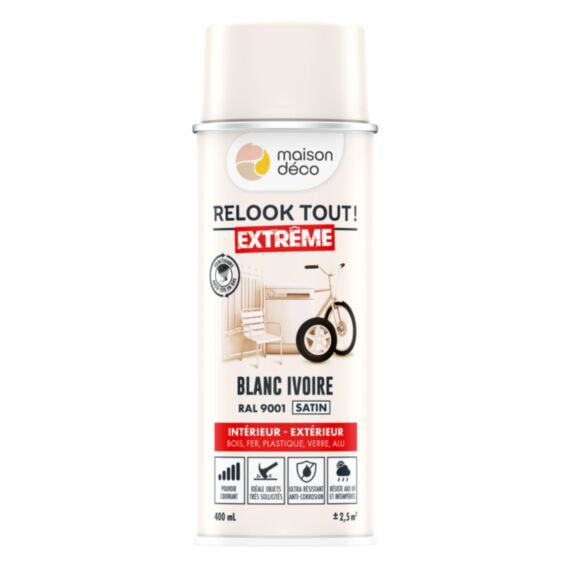 Bombe de peinture Relook Tout Extrême satin blanc ivoire 400ml RAL9001 - MAISON DECO