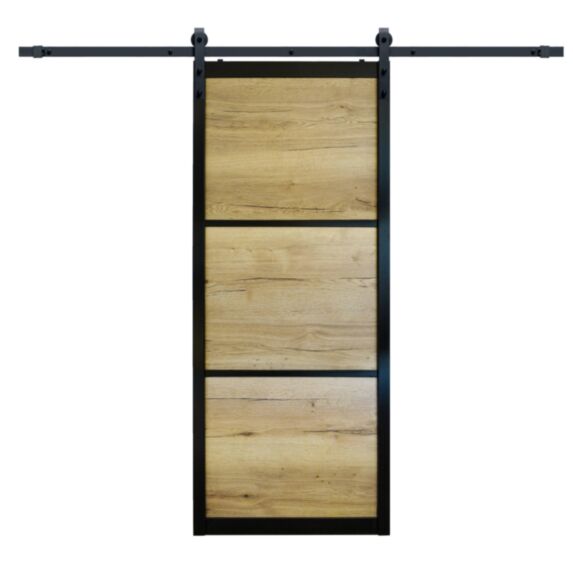 Kit porte coulissante Maïko noir effet métal/chêne brut 204x83x4cm - SKYLAB