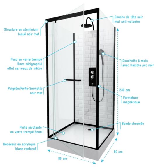 Cabine de douche carrée 80x80cmx230cm à motif carreaux de métro