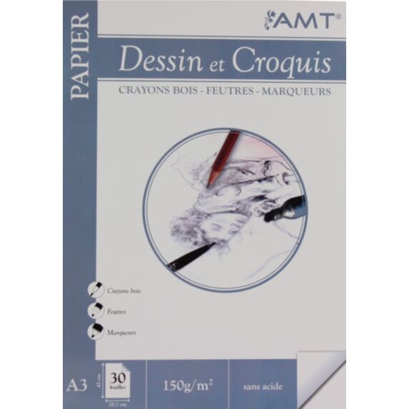 Bloc de papier Dessins et croquis 30 feuilles 150gr/m² format A3 - AMT