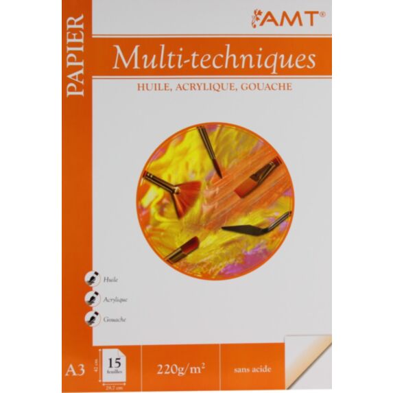 Bloc de papier Multi-techniques 15 feuilles 220gr/m² format A3 - AMT