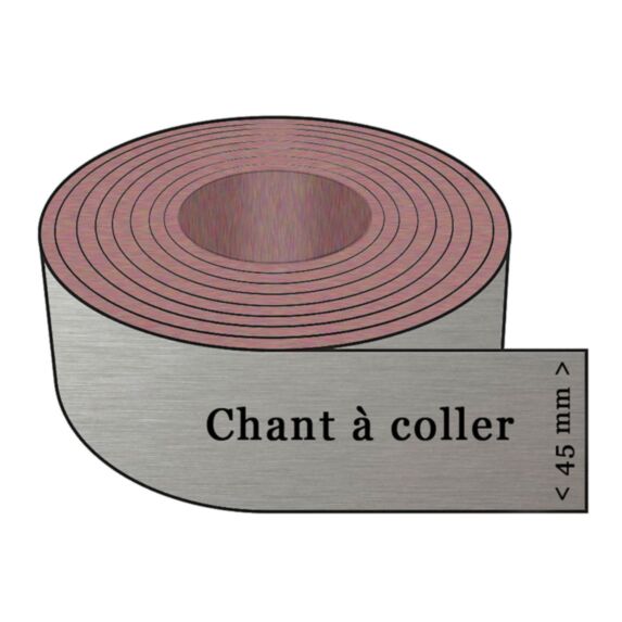 Chant à coller stratifié alu brillant. Section : 1 x 45 mm Longueur : 305 cm