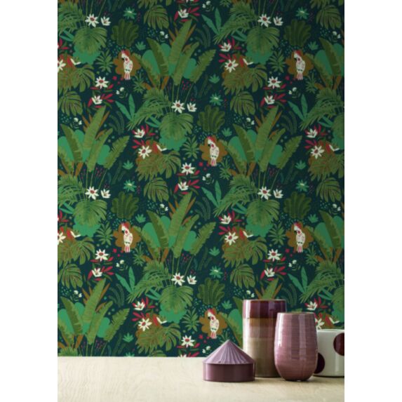 Papier peint vinyle expansé compact intissé Cacatoès vleu vert 10x0,53m