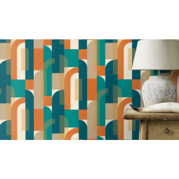 Papier peint vinyle graine arches dorées cognac bleu 10x0,53m