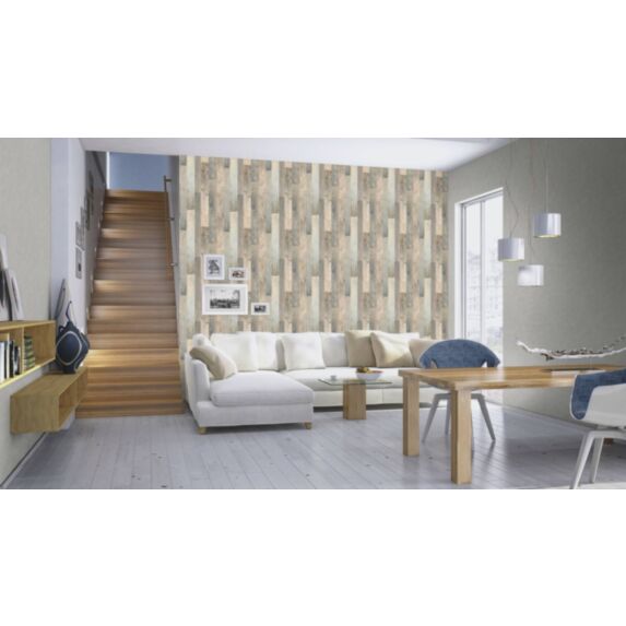 Papier peint vinyle graine intissé lattes bois factory beige bleu 10x0,53m