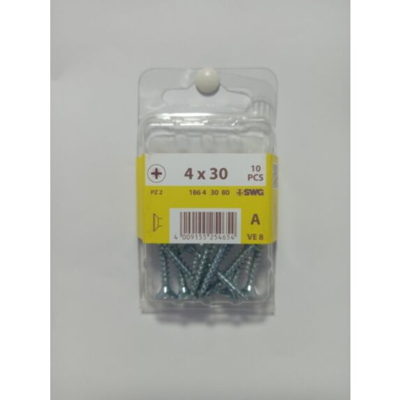 Vis bois et panneaux, tête fraisée, PZ, 4 x 30, filetage total, acier zingué