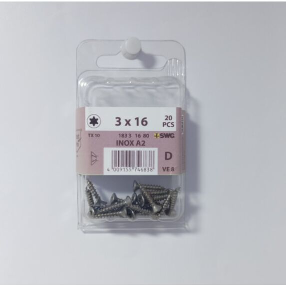 Vis bois et panneaux, tête fraisée, TX, 3 x 16, filetage total, acier inoxydable A2